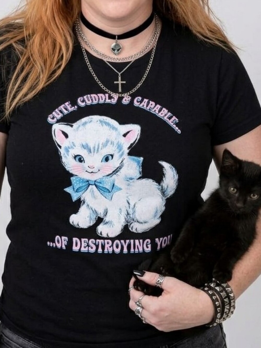 Vintage Kitsch, Pastel Goth, Retro, E-Girl, Cat Lover, Babydoll Tee, T-Shirt